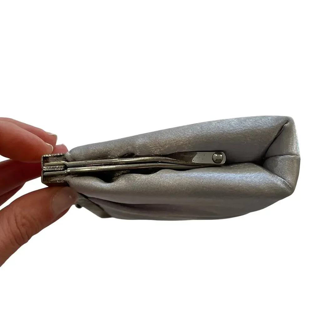 Jessica McClintock Silver Satin Clutch, Evening Clutch, Drop Chain, Clasp